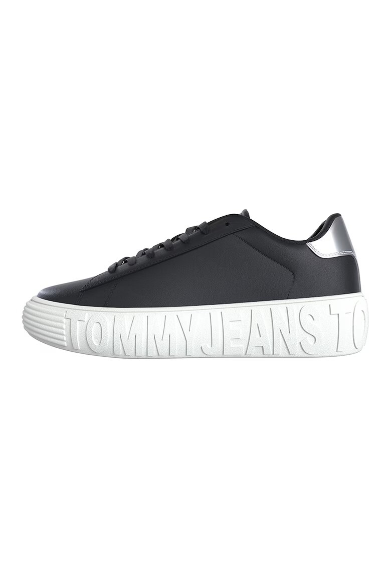 Tommy Jeans Pantofi sport wedge de piele cu logo - Alb/Negru/Argintiu