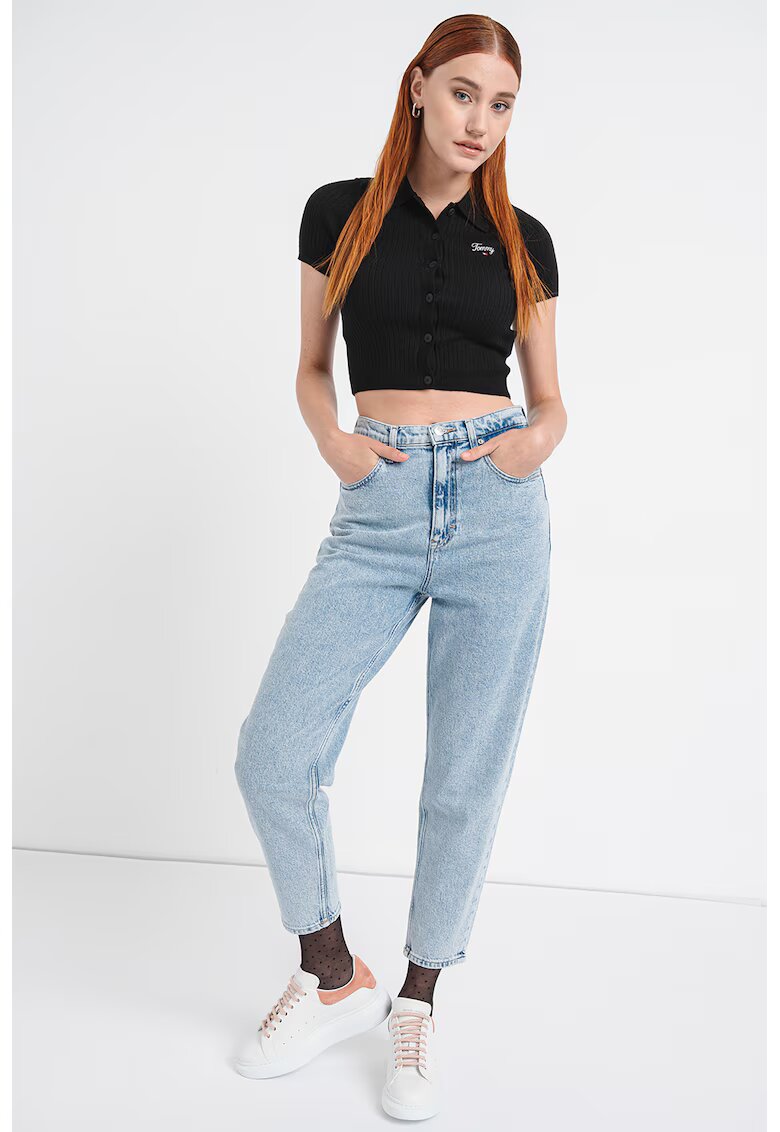 Tommy Jeans Pulover crop striat cu decolteu polo - Negru