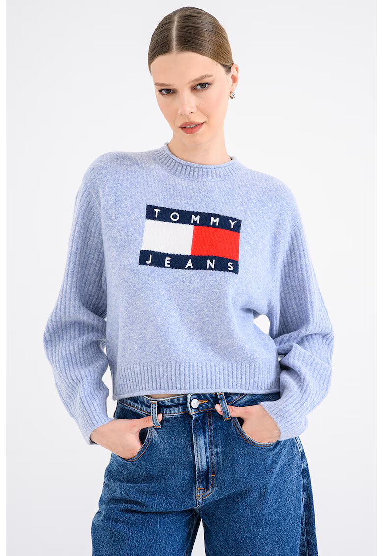 Tommy Jeans Pulover cu decolteu la baza gatului si logo - Albastru lavanda