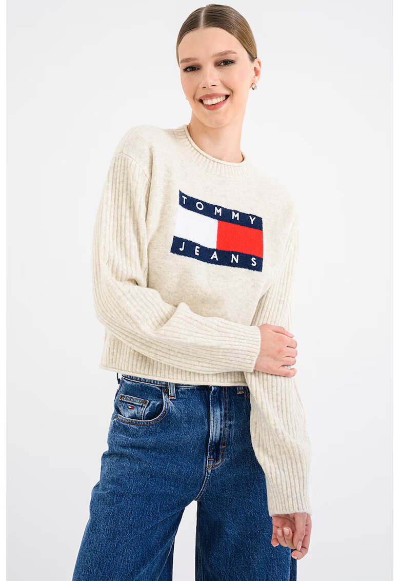 Tommy Jeans Pulover cu decolteu la baza gatului si logo - Rosu/Bej/Albastru