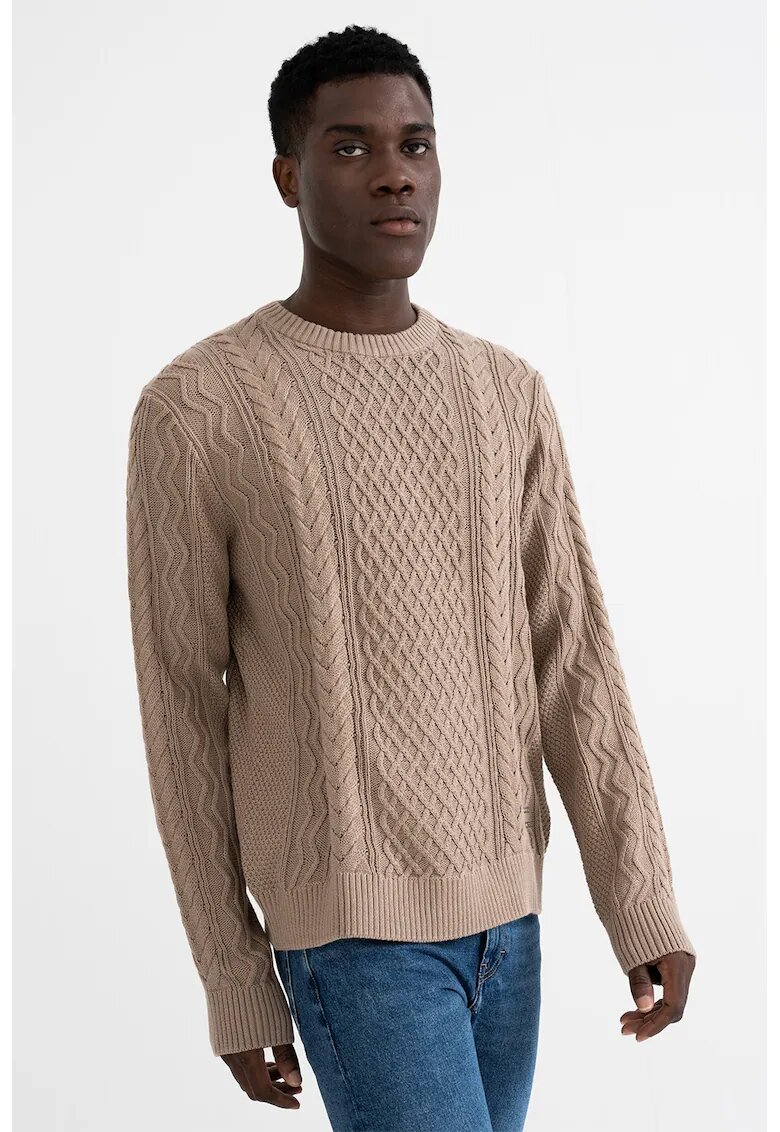 Tommy Jeans Pulover cu decolteu la baza gatului si model torsade - Maro camel
