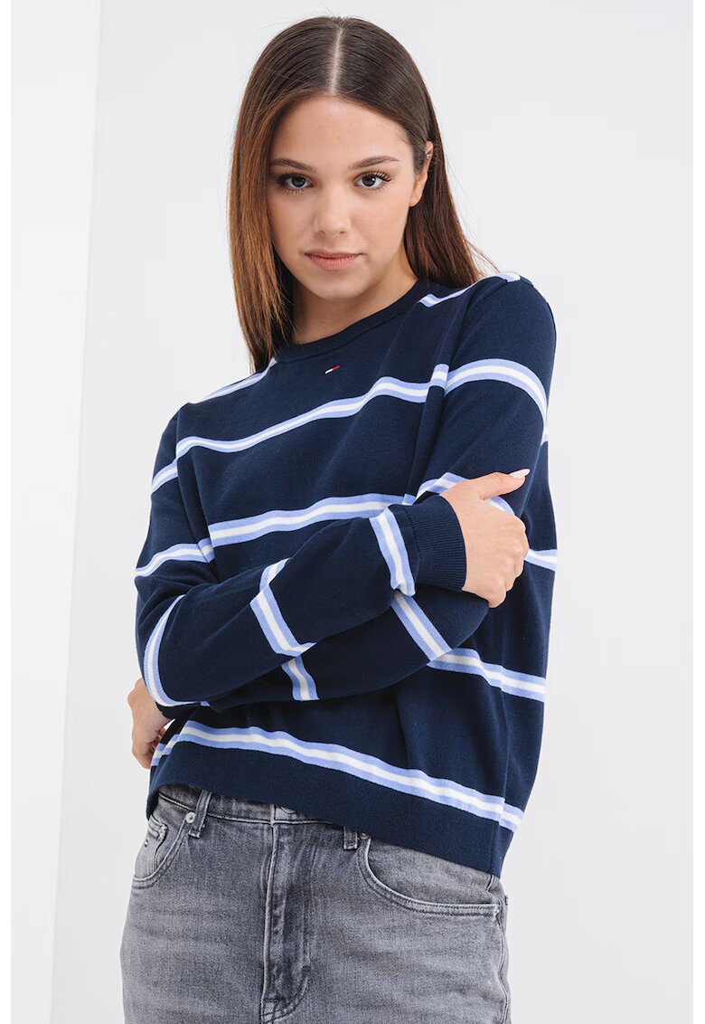 Tommy Jeans Pulover din bumbac organic cu decolteu la baza gatului - Alb/Albastru lavanda/Bleumarin