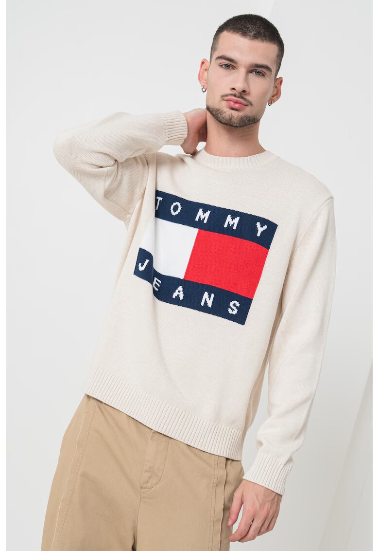 Tommy Jeans Pulover regular fit cu logo supradimensionat - Rosu/Bej deschis/Bleumarin