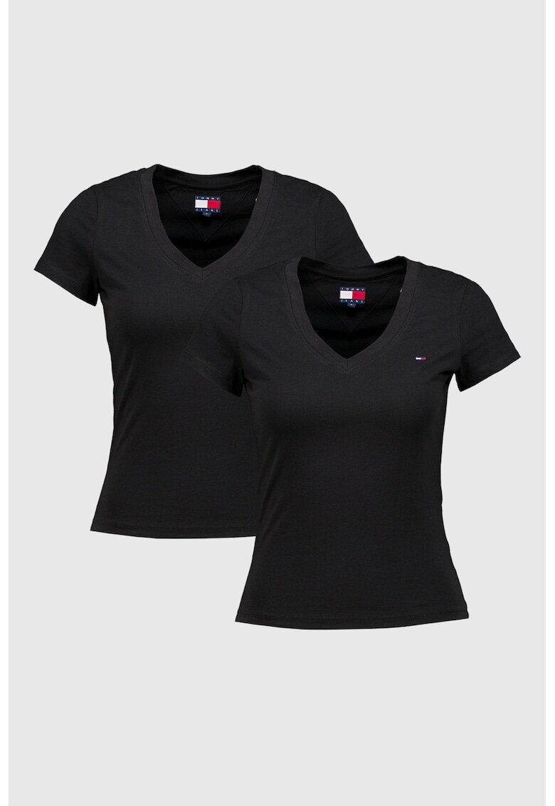 Tommy Jeans Set de tricouri din bumbac cu decolteu in V - 2 piese - Negru