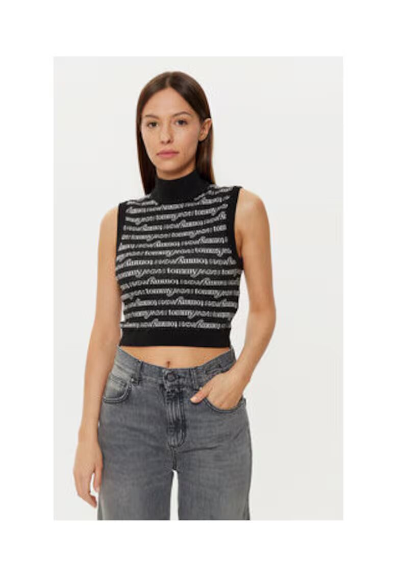 Tommy Jeans Top cu guler inalt si imprimeu logo - bumbac - negru/gri