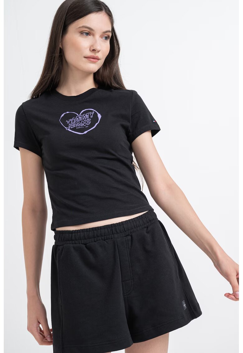 Tommy Jeans Tricou crop cu detaliu logo - Negru/Albastru lavanda