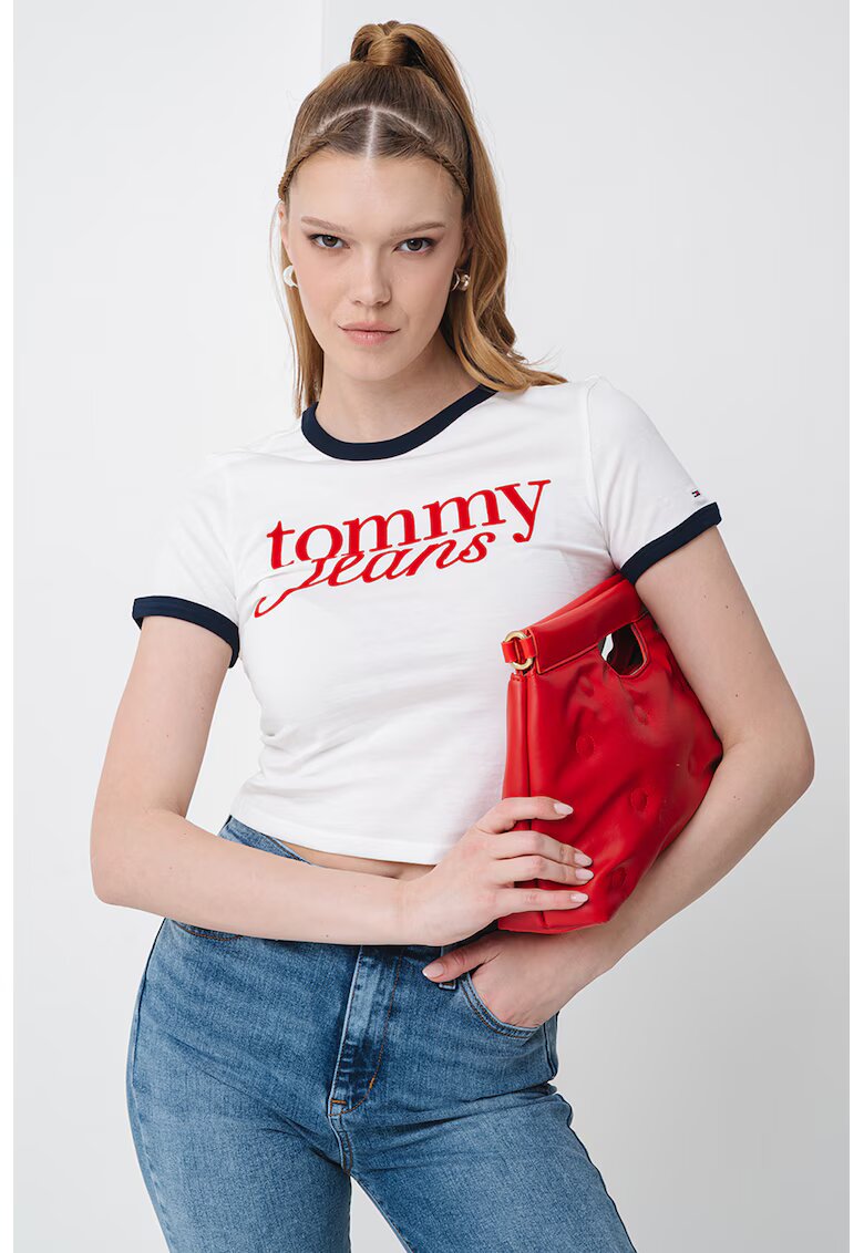 Tommy Jeans Tricou crop slim fit cu imprimeu logo - Rosu vermillion/Alb murdar/Bleumarin