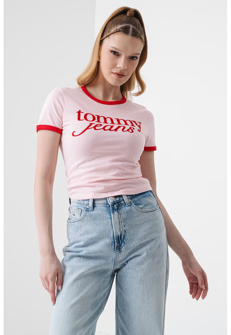 Tommy Jeans Tricou crop slim fit cu imprimeu logo - Roz pastel/Rosu vermillion
