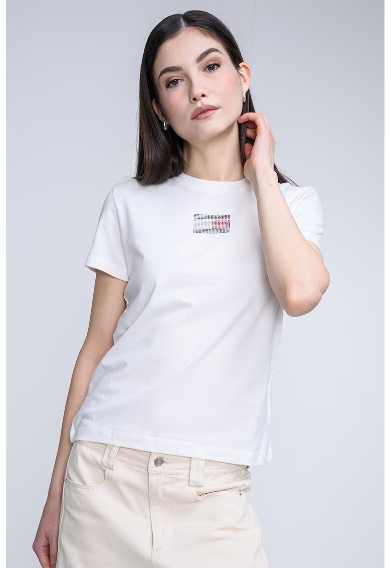 Tommy Jeans Tricou cu decolteu la baza gatului si logo cu strasuri - Alb murdar