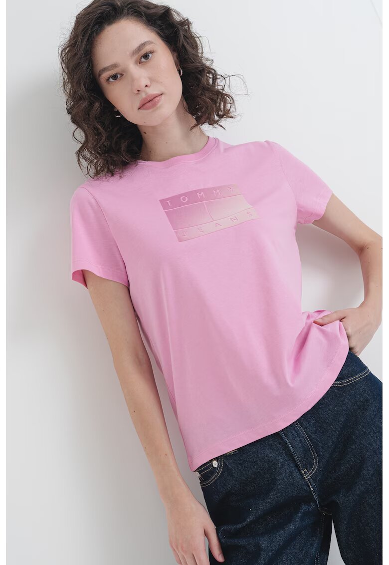 Tommy Jeans Tricou cu imprimeu si decolteu la baza gatului - Roz/Roz prafuit