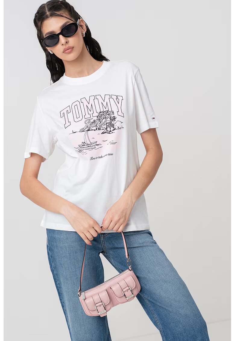 Tommy Jeans Tricou cu logo si imprimeu - Roz pastel/Negru stins/Alb murdar