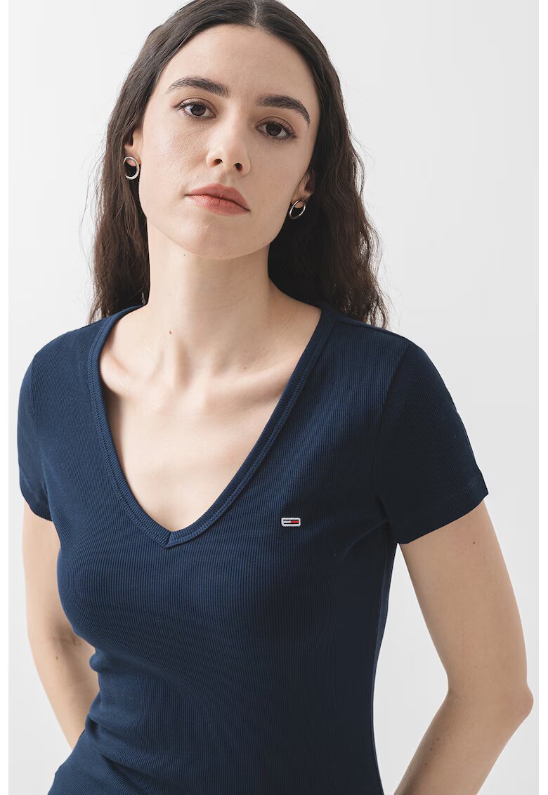 Tommy Jeans Tricou striat cu decolteu in V - Bleumarin inchis