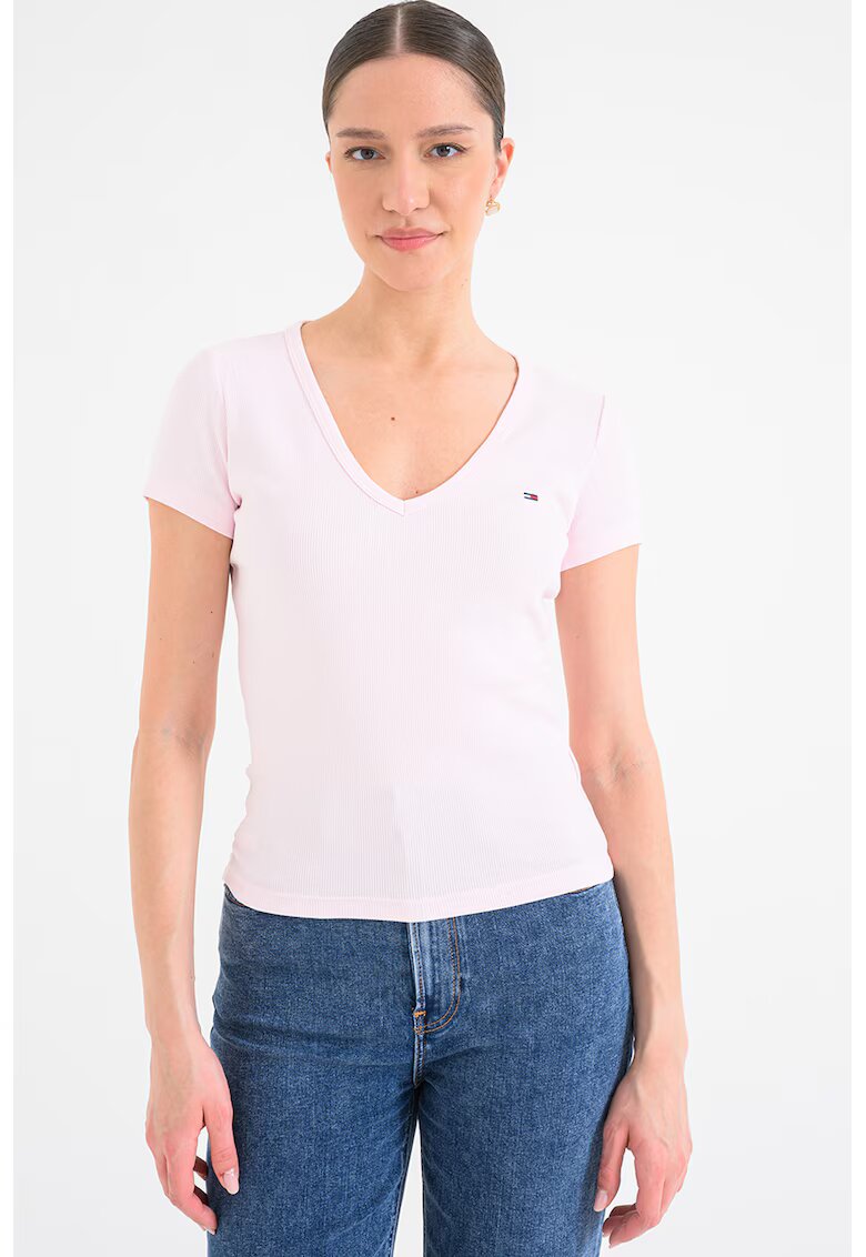 Tommy Jeans Tricou striat cu decolteu in V - Roz deschis