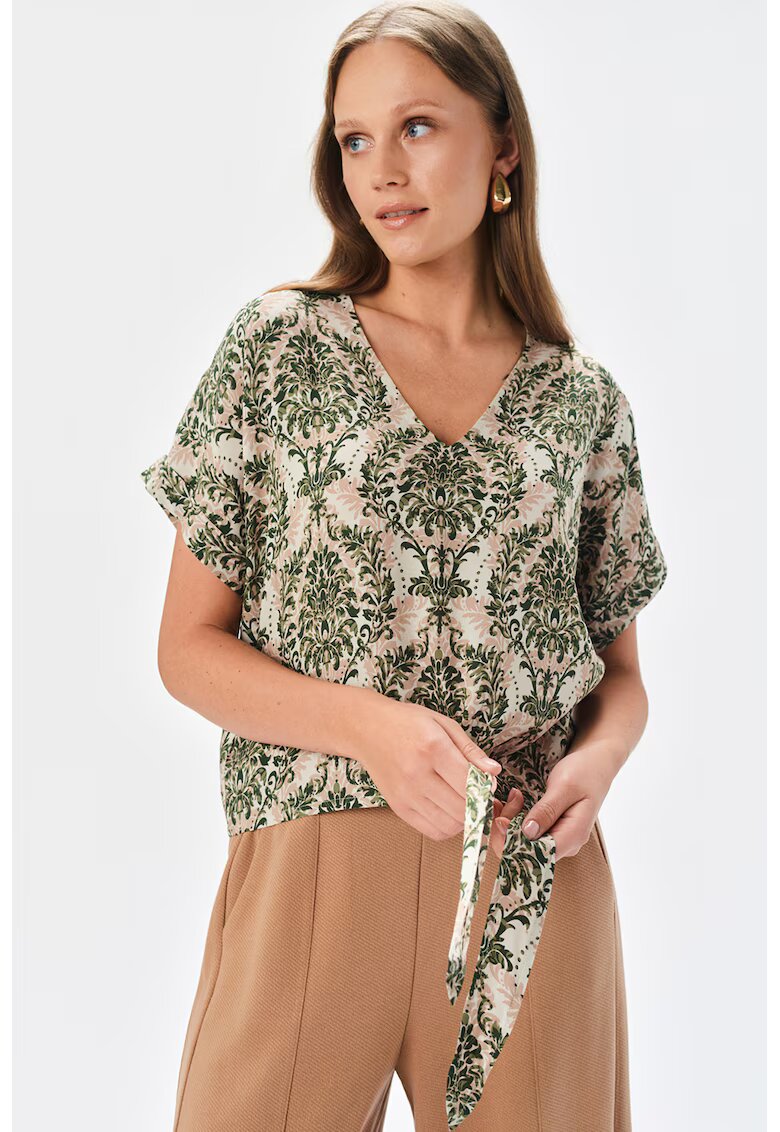 Top Secret Bluza cu guler tunica si motive orientale - Alb/Verde englez/Roz prafuit