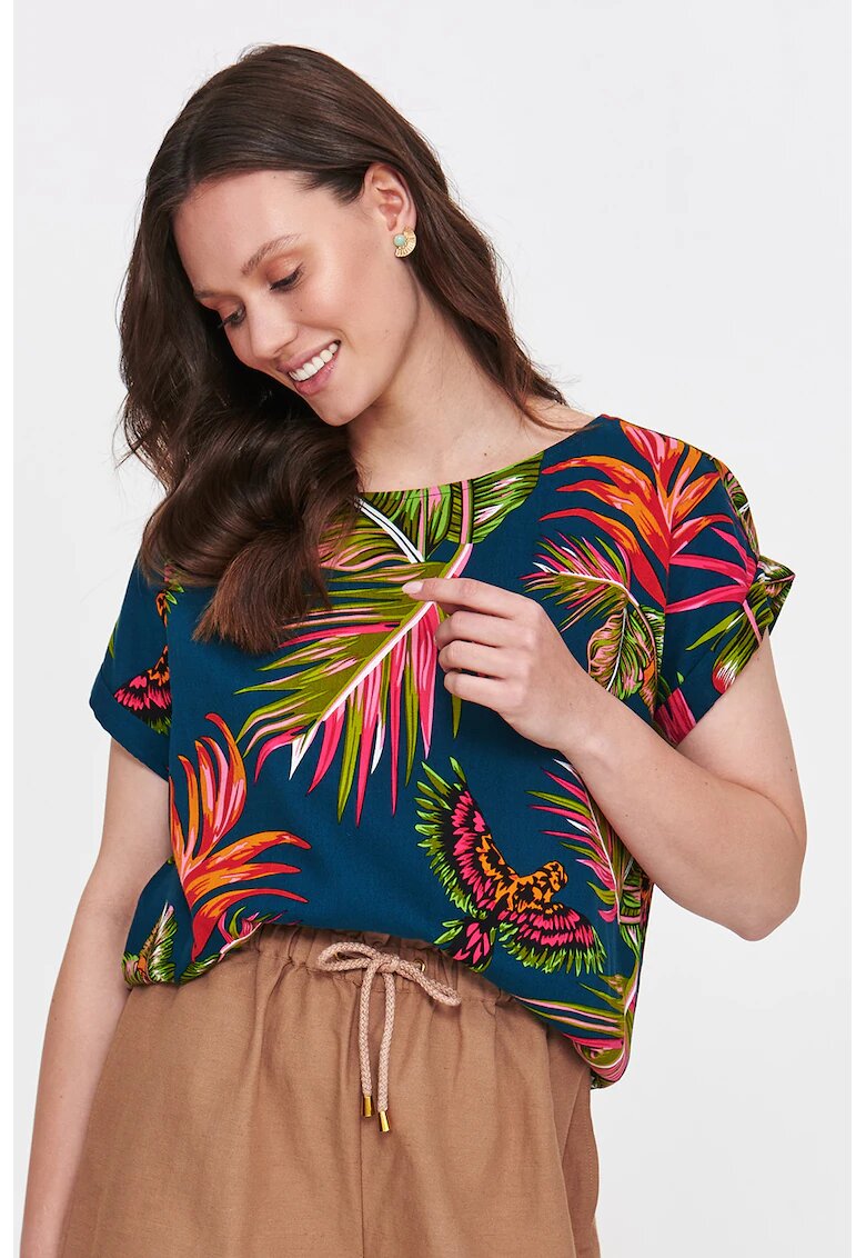 Top Secret Bluza cu maneci scurte si model tropical - Albastru inchis/Verde deschis