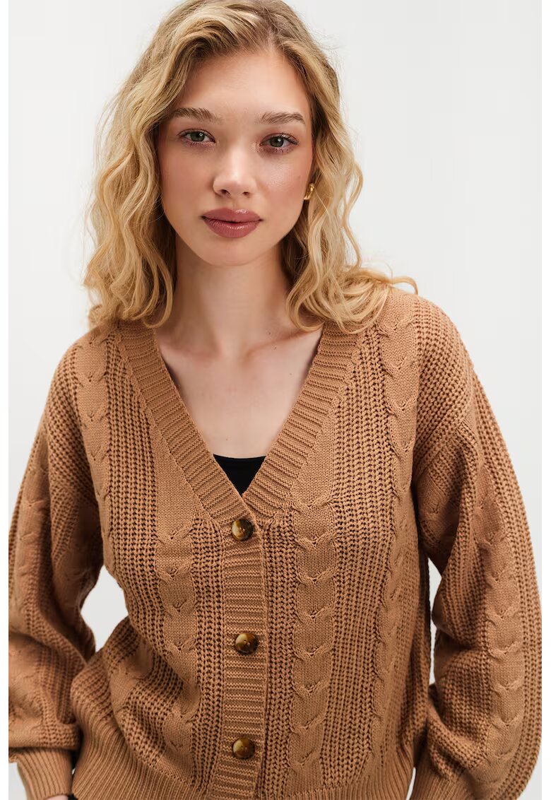 Top Secret Cardigan cu decolteu in V si nasturi - Maro deschis