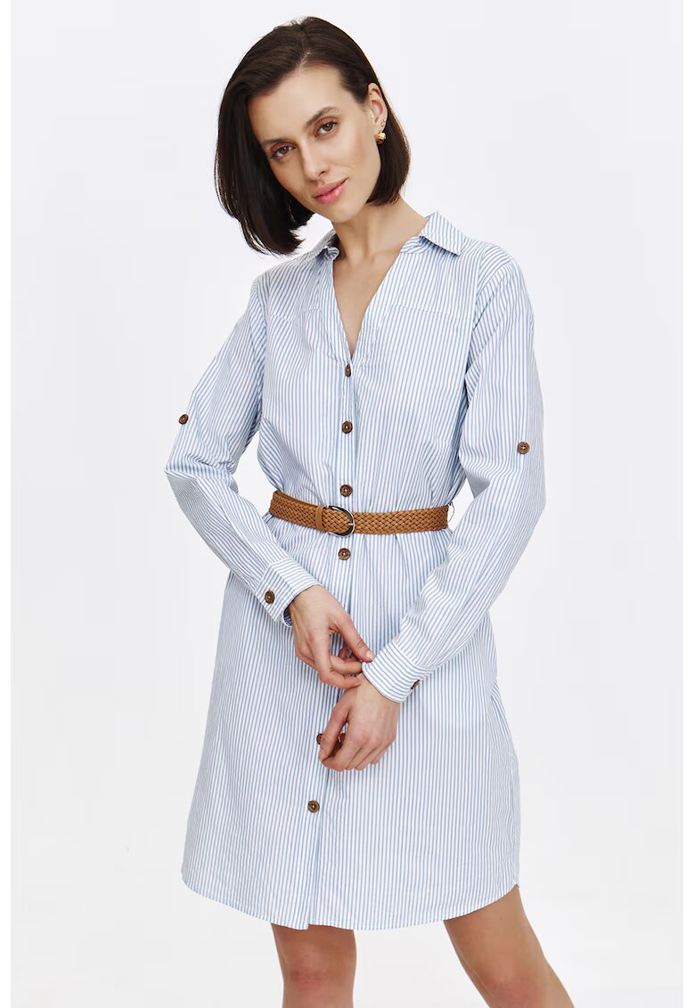Top Secret Rochie-camasa mini in dungi cu snur in talie - Alb/Albastru prafuit
