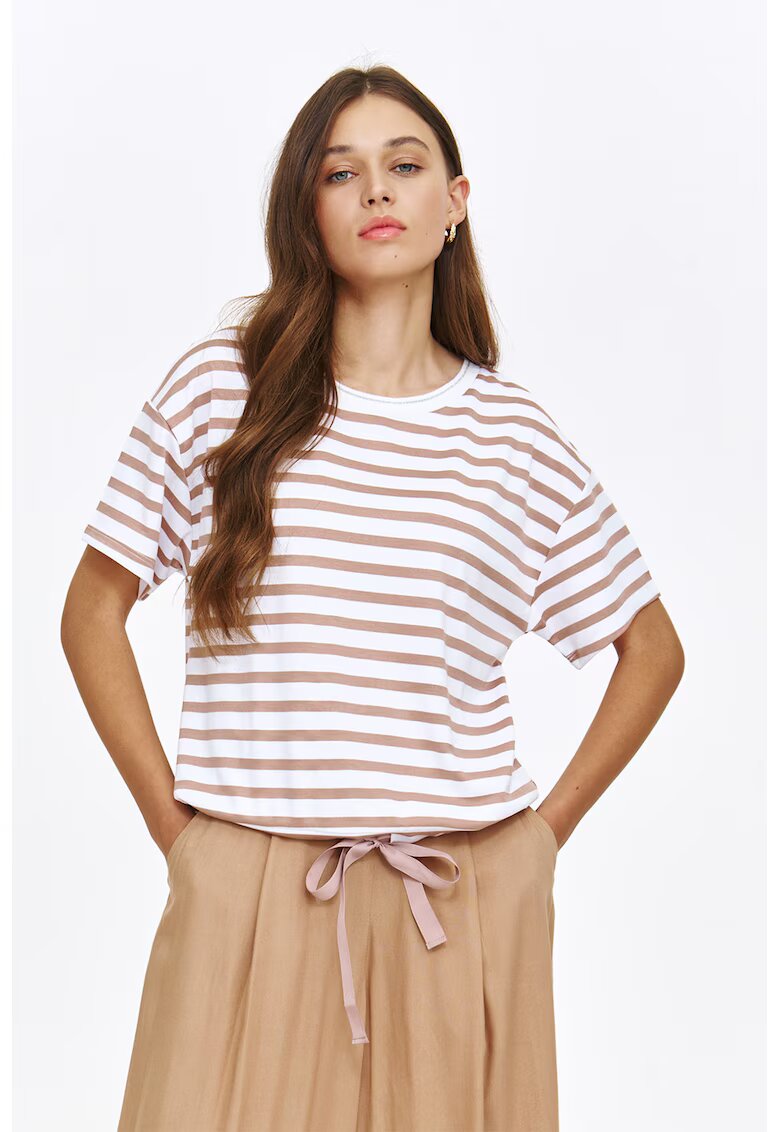 Top Secret Tricou cu dungi si prindere cu snururi la terminatie - Alb/Maro deschis