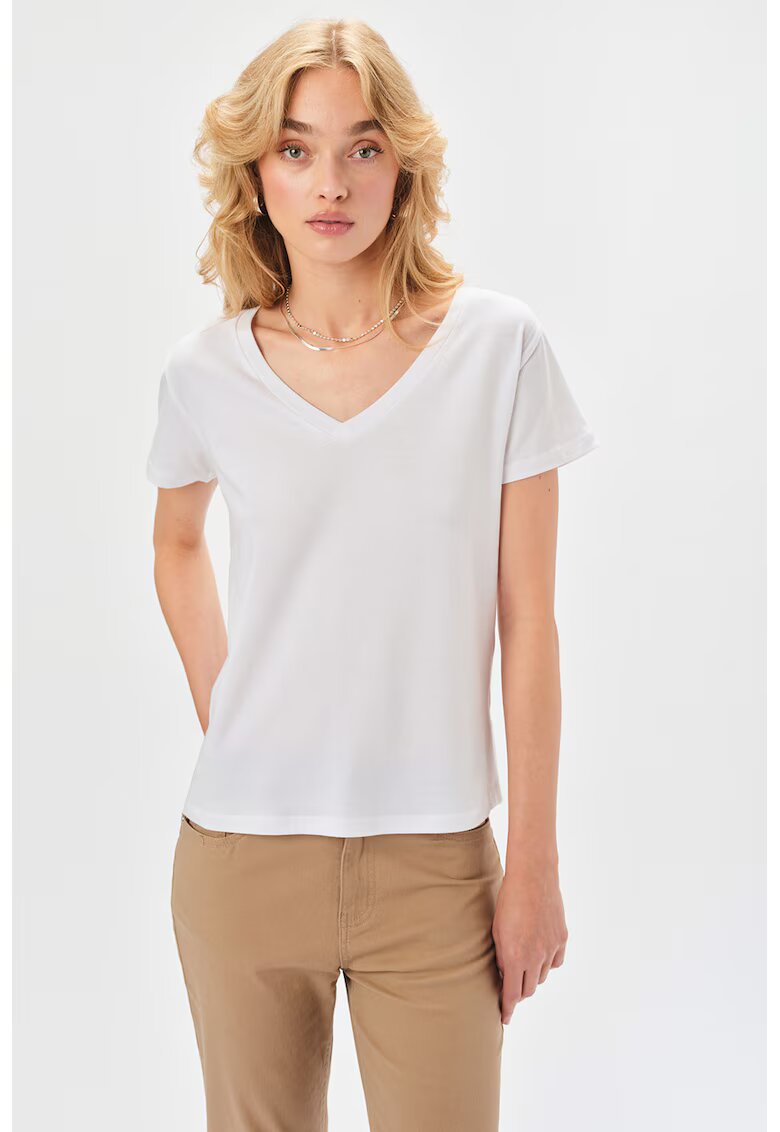 Top Secret Tricou de bumbac cu decolteu in V - Alb optic