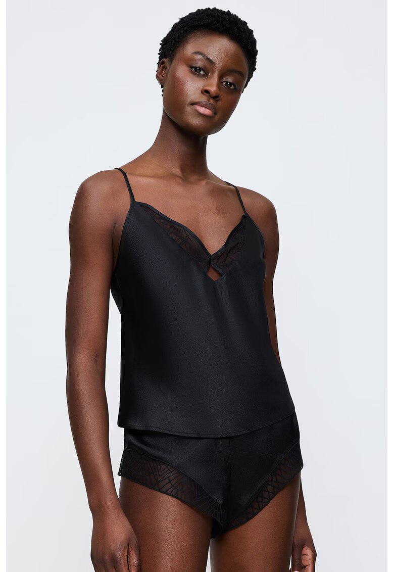 Triumph Top de pijama cu aspect satinat si insertii din dantela - Negru