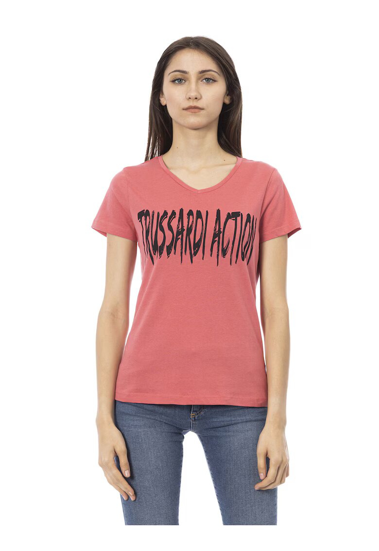 Trussardi Tricou cu decolteu in V si logo - Rosu deschis