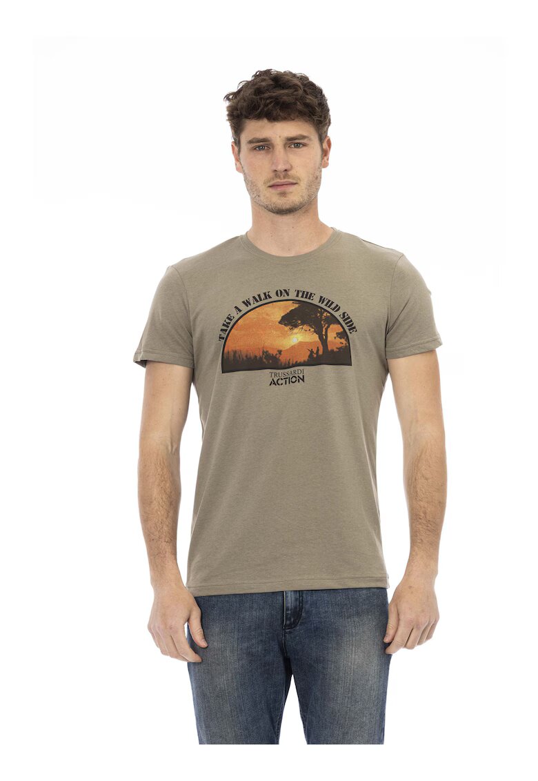 Trussardi Tricou slim-fit cu decolteu la baza gatului si design - Verde