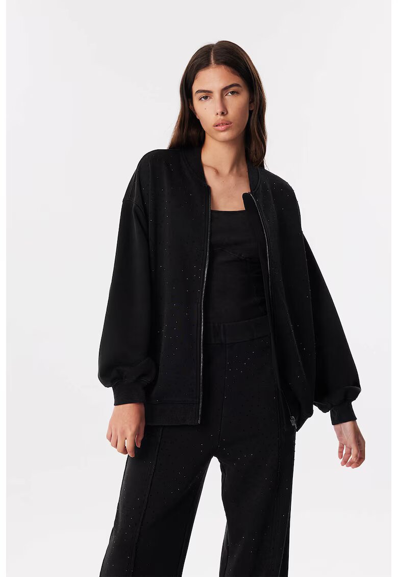 TWIST Bluza de trening lejera cu fermoar si strasuri - Negru