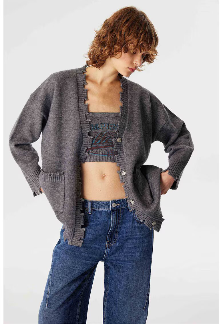 TWIST Cardigan supradimensionat cu terminatii nefinisate - Gri inchis melange