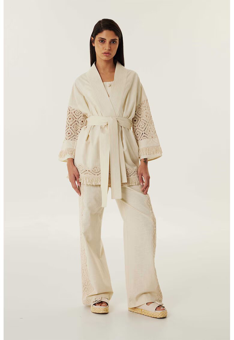 TWIST Chimoni din amestec de in cu garnituri din macrame - Bej