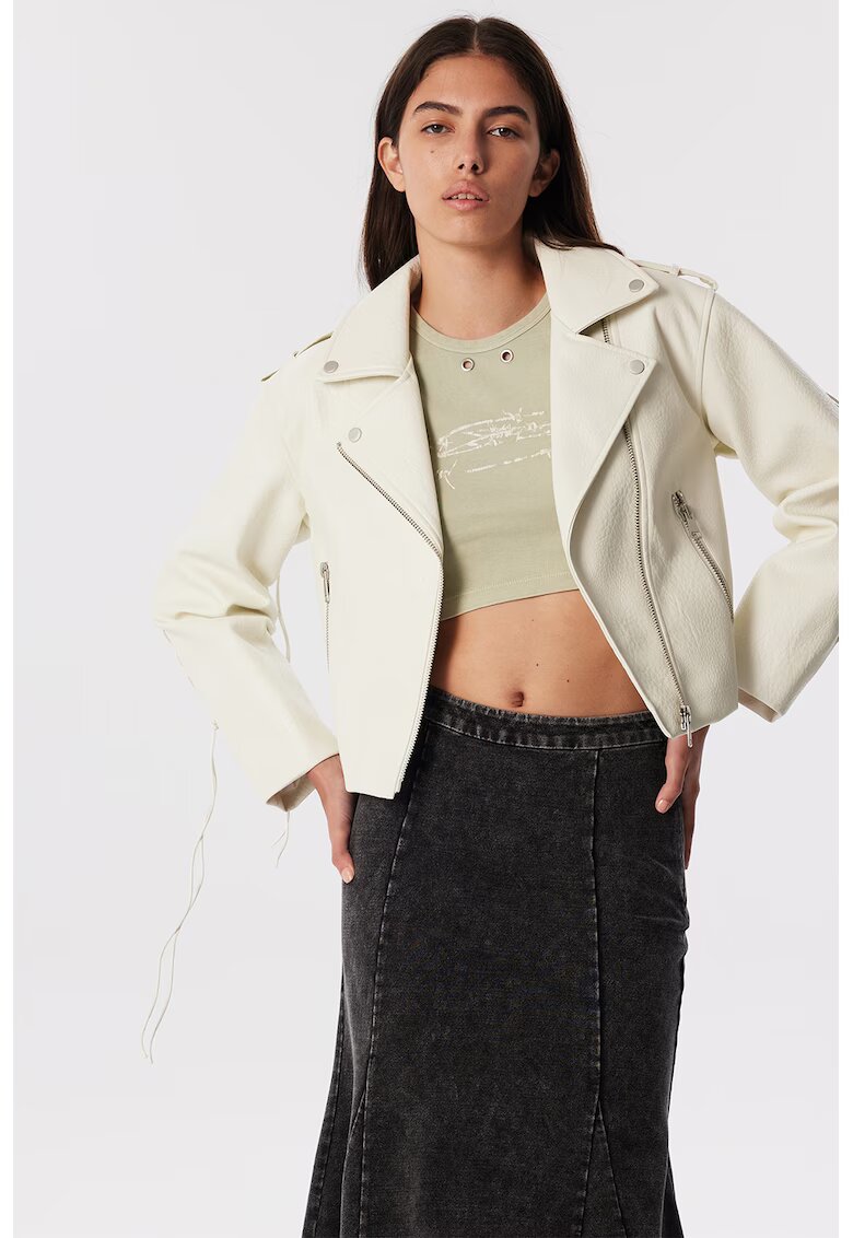 TWIST Jacheta crop din piele ecologica cu buzunare cu fermoar - Bej deschis