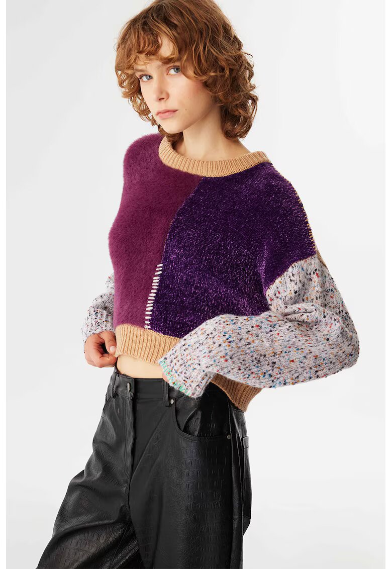 TWIST Pulover crop din amestec de lana - Alb/Violet/Maro camel