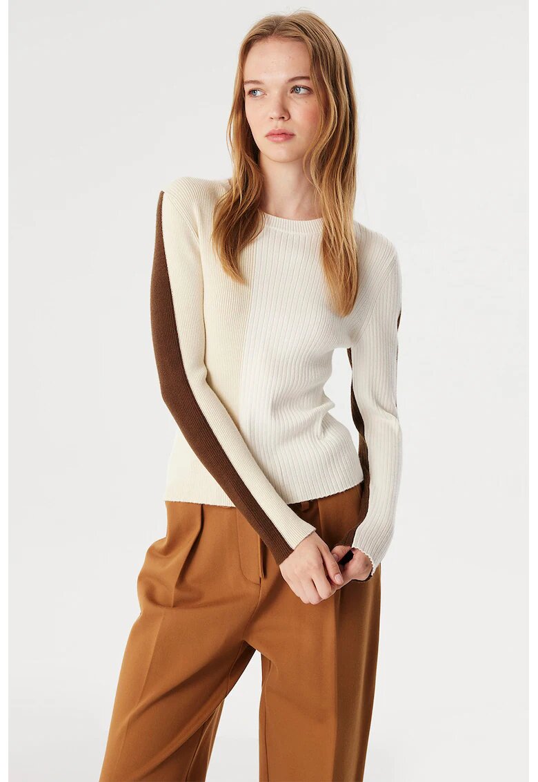 TWIST Pulover cu striatii si model colorblock - Alb/Maro nisip
