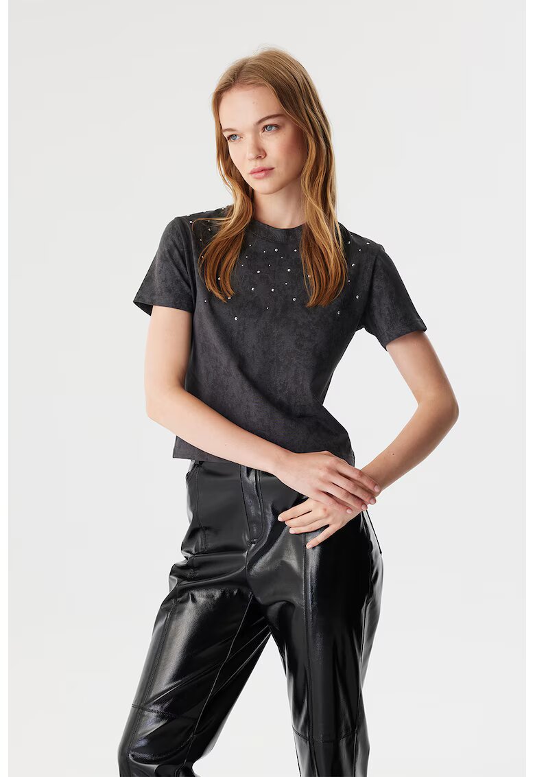 TWIST Tricou cu aspect decolorat si strasuri - Negru/Gri