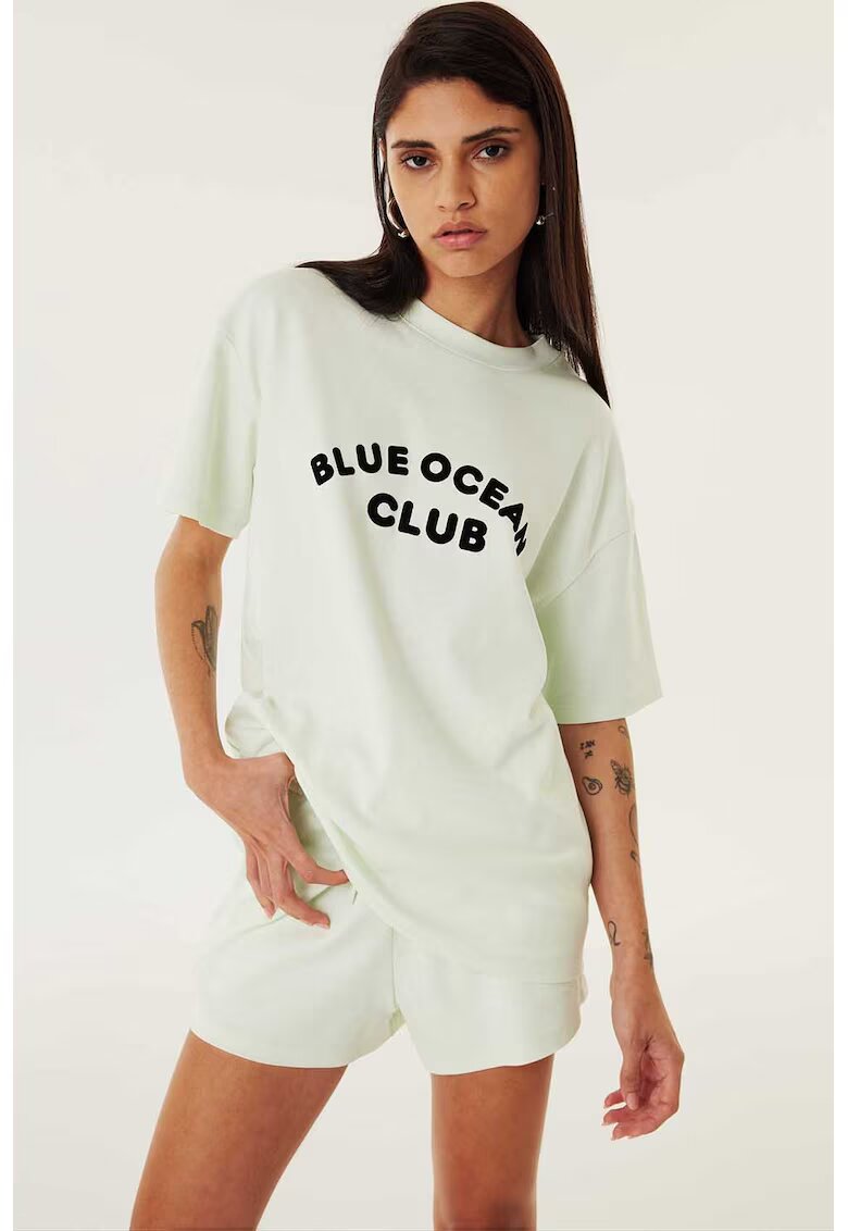 TWIST Tricou cu decolteu la baza gatului si imprimeu text - Negru/Verde pal