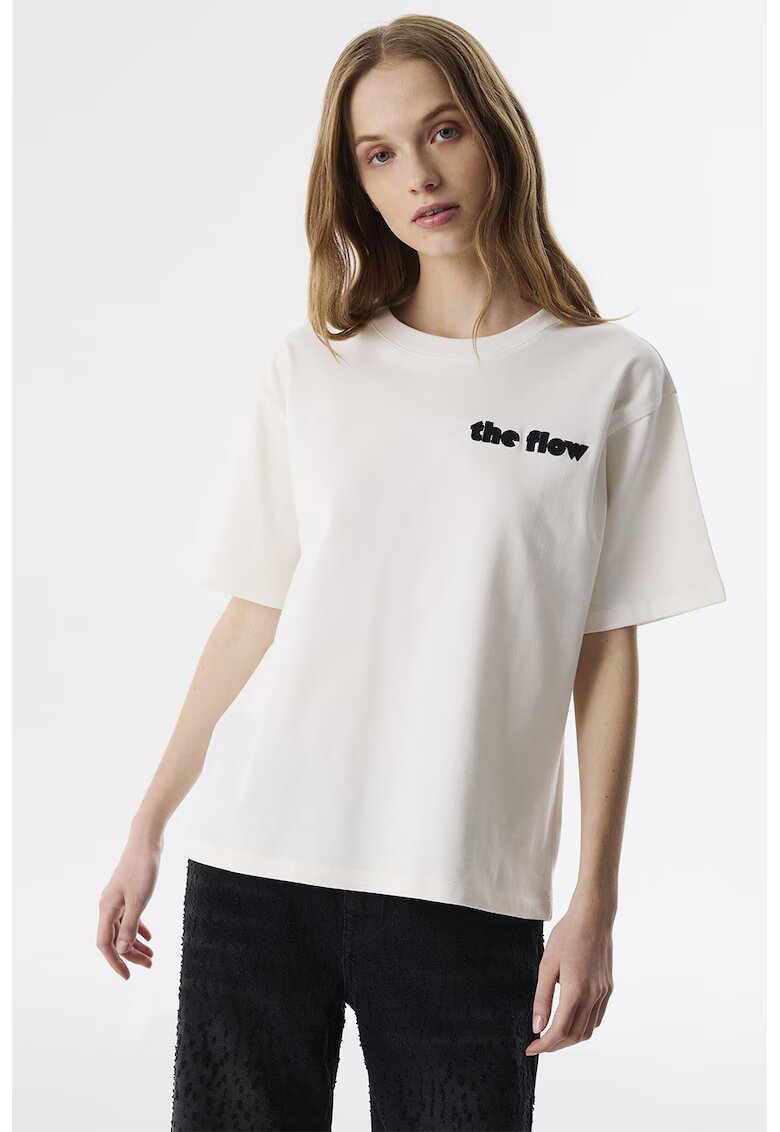 TWIST Tricou din bumbac cu decolteu la baza gatului si aplicatie text - Alb