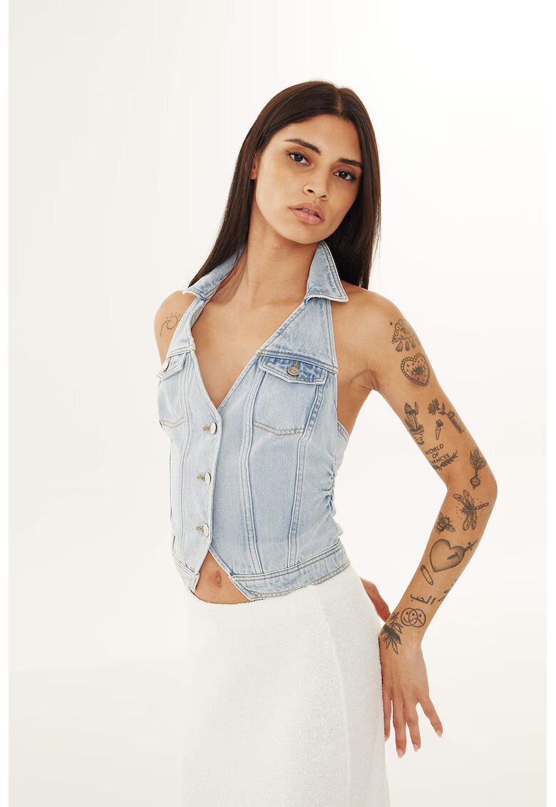 TWIST Vesta din denim cu decolteu halter - Albastru melange