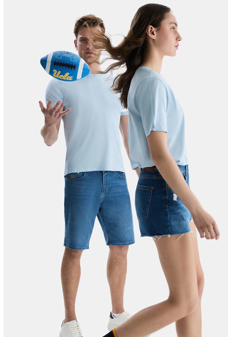 UCLA Tricou de bumbac cu decolteu la baza gatului - Albastru glaciar