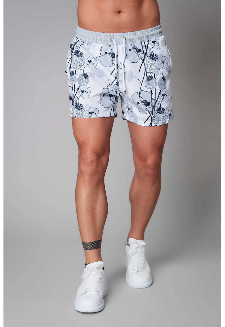 uFIT Pantaloni scurti de baie cu model floral si buzunare laterale cu fermoar - Albastru inchis/Alb optic