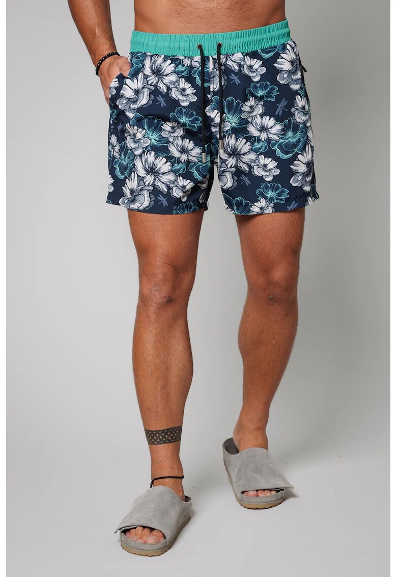 uFIT Pantaloni scurti de baie cu model si buzunare laterale - Alb/Albastru inchis/Albastru petrol