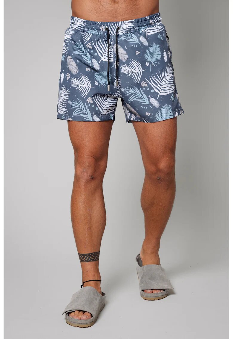 uFIT Pantaloni scurti de baie cu model si buzunare laterale - Alb/Albastru prafuit