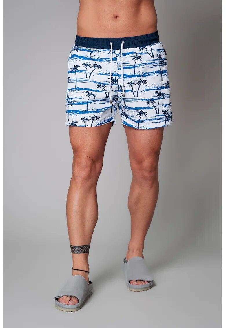 uFIT Pantaloni scurti de baie cu snur de ajustare si imprimeu tropical - Negru/Alb optic/Albastru