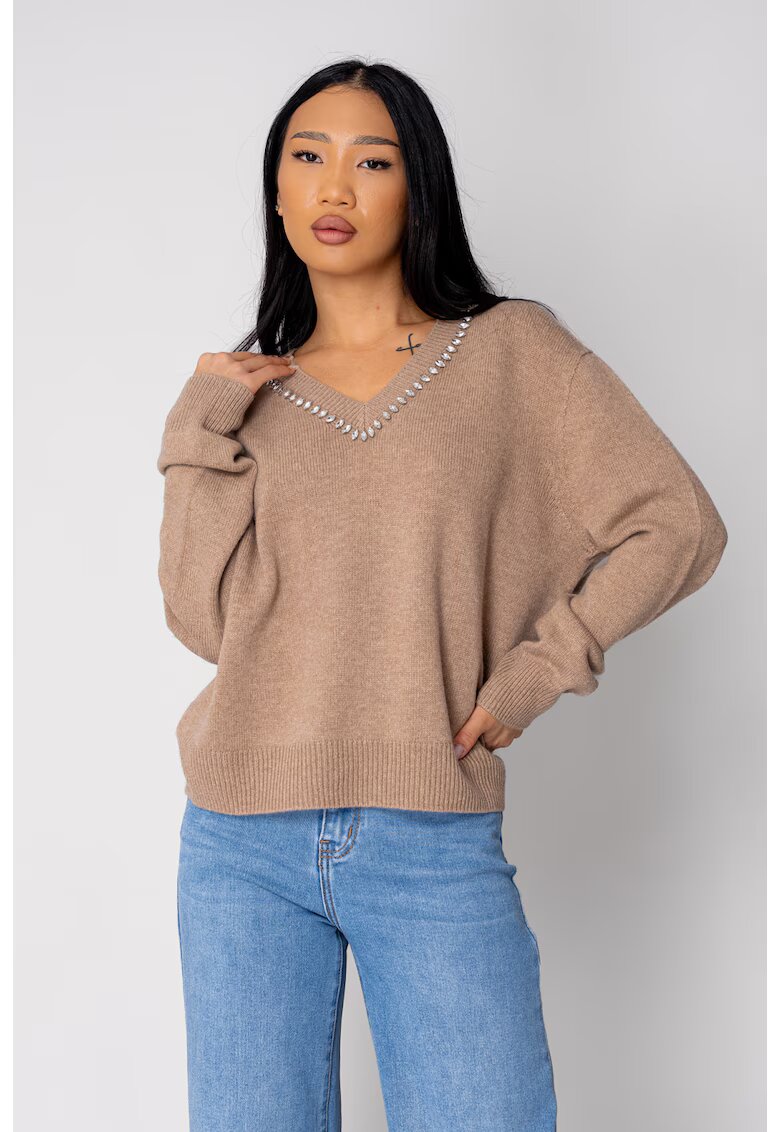 uFIT Pulover cu strasuri din lana si casmir Beige Beige