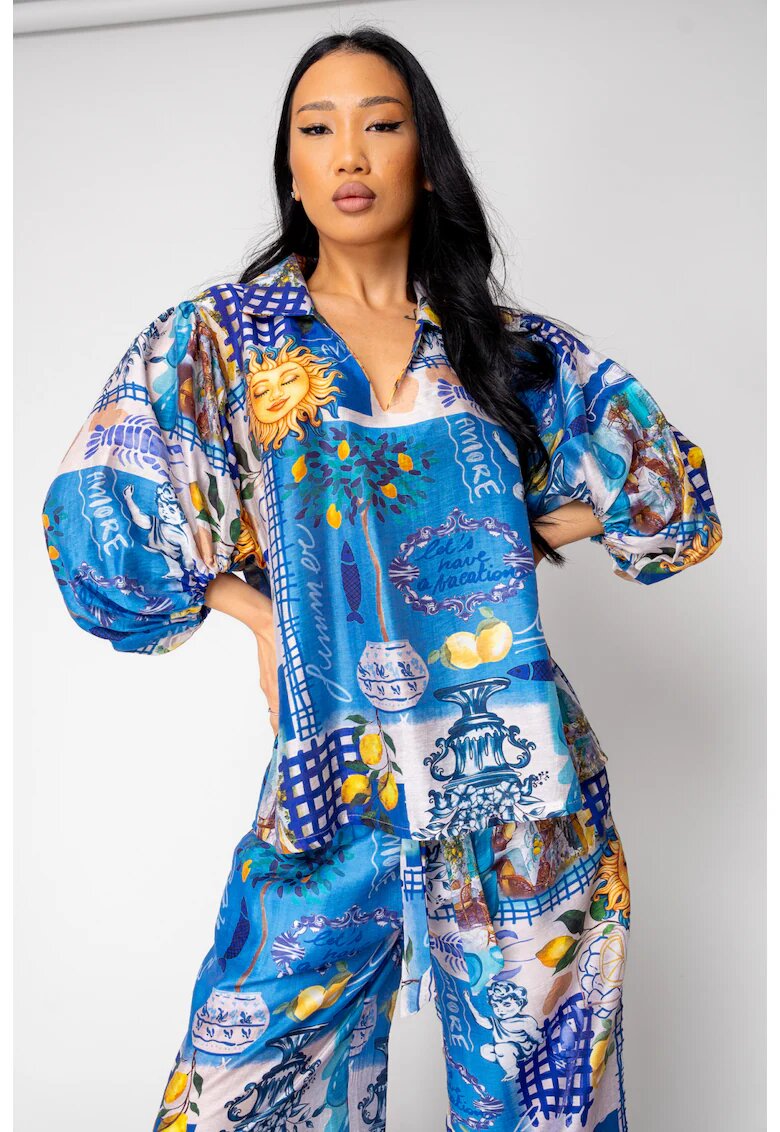 uFIT Set Capri bluza si pantalon lung print lamai 15973 - BLUE