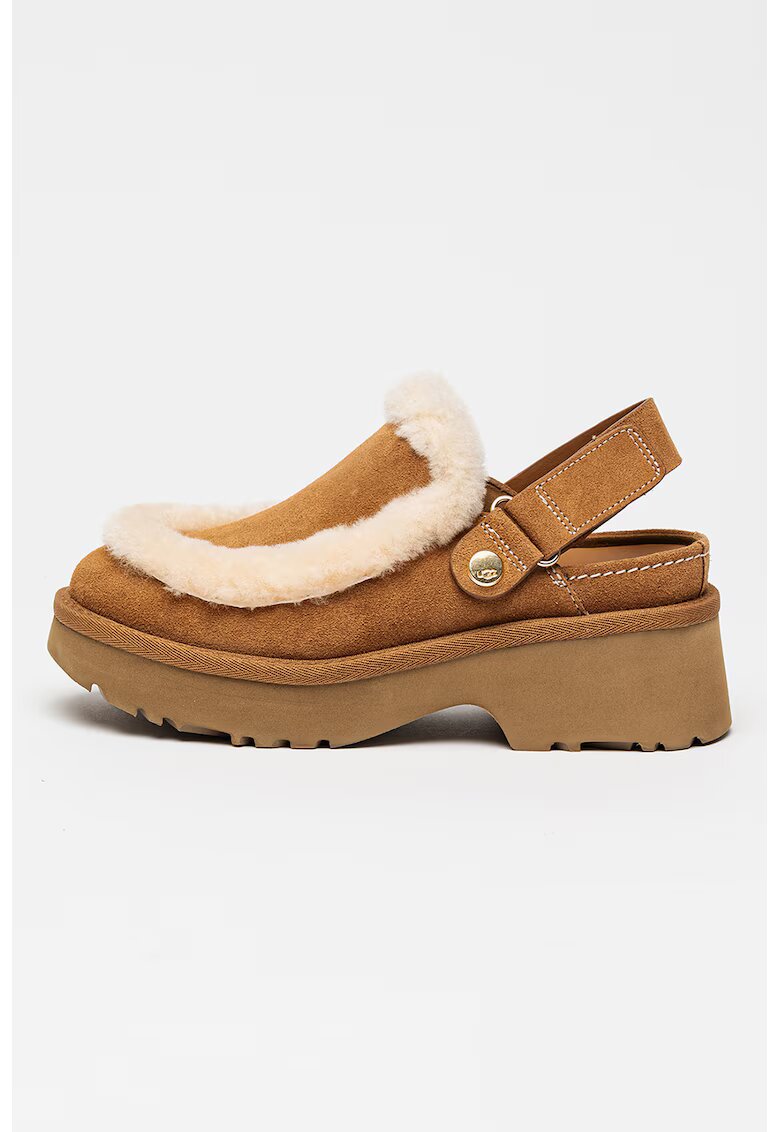UGG Saboti din piele intoarsa cu detalii din blana Esmee - Maro camel