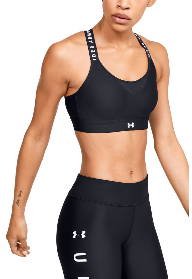 Under Armour Bustiera cu suport ridicat si bretele incrucisate pe spate pentru fitness Infinity - Alb/Negru