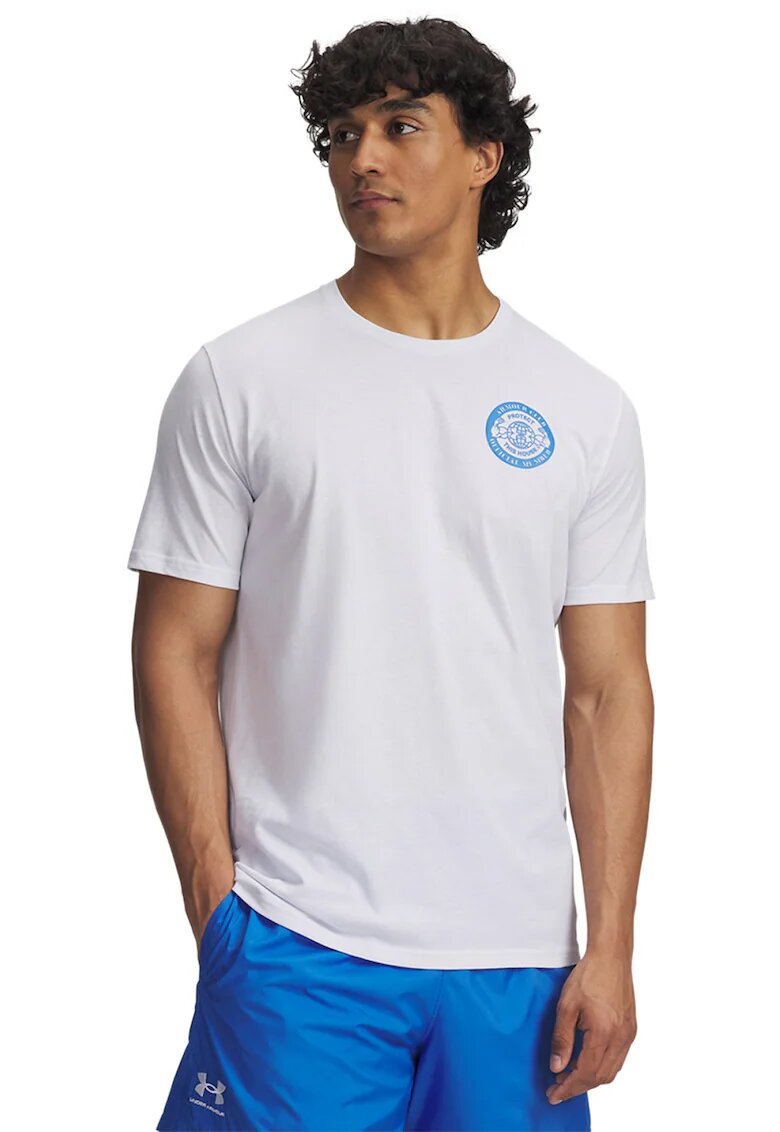 Under Armour Tricou cu decolteu la baza gatului si imprimeu logo - Albastru royal/Alb optic