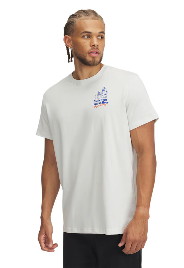 Under Armour Tricou cu imprimeu text pe spate - pentru golf - Albastru pastel/Portocaliu pal/Alb murdar