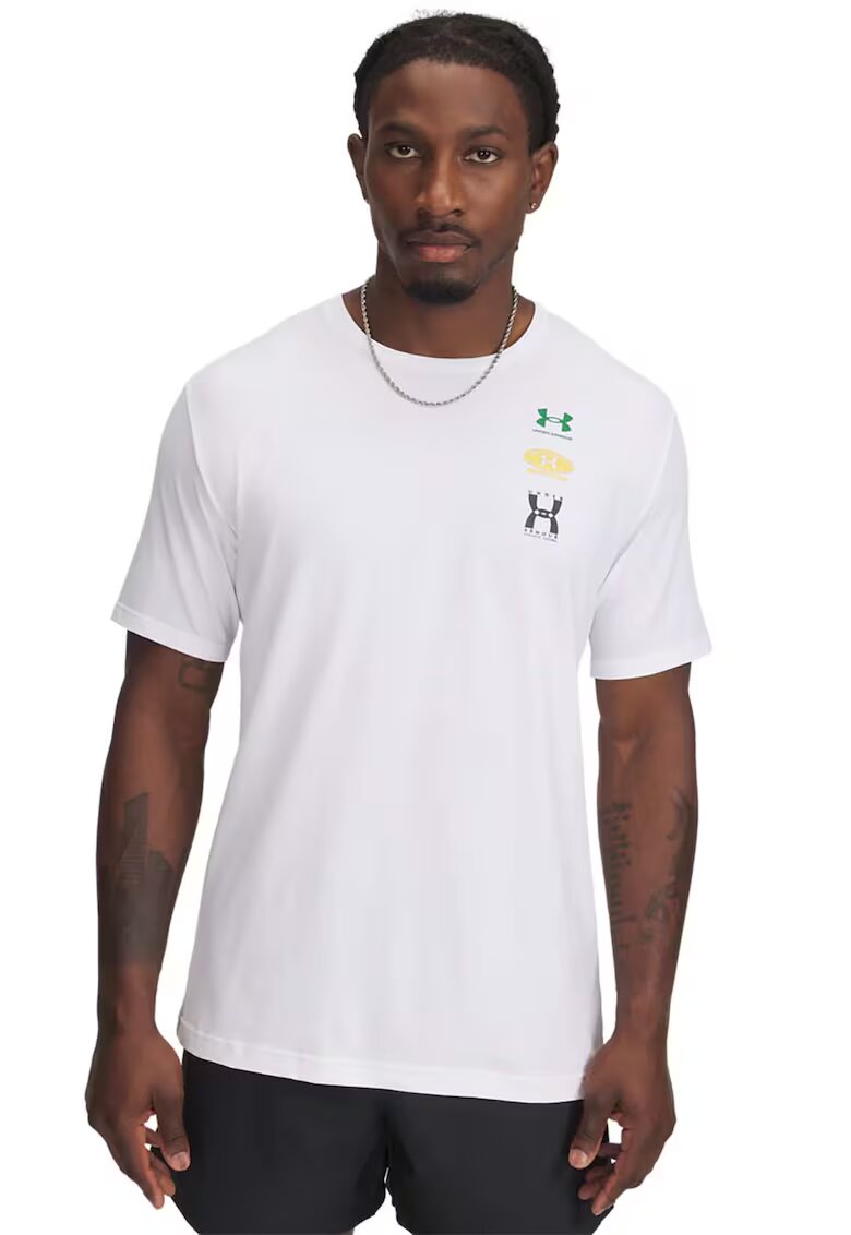 Under Armour Tricou din amestec de bumbac cu decolteu la baza gatului si logo - Alb/Verde/Galben