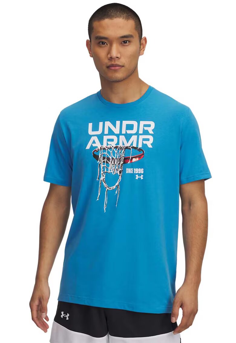 Under Armour Tricou din amestec de bumbac cu imprimeu pentru baschet - Alb/Albastru