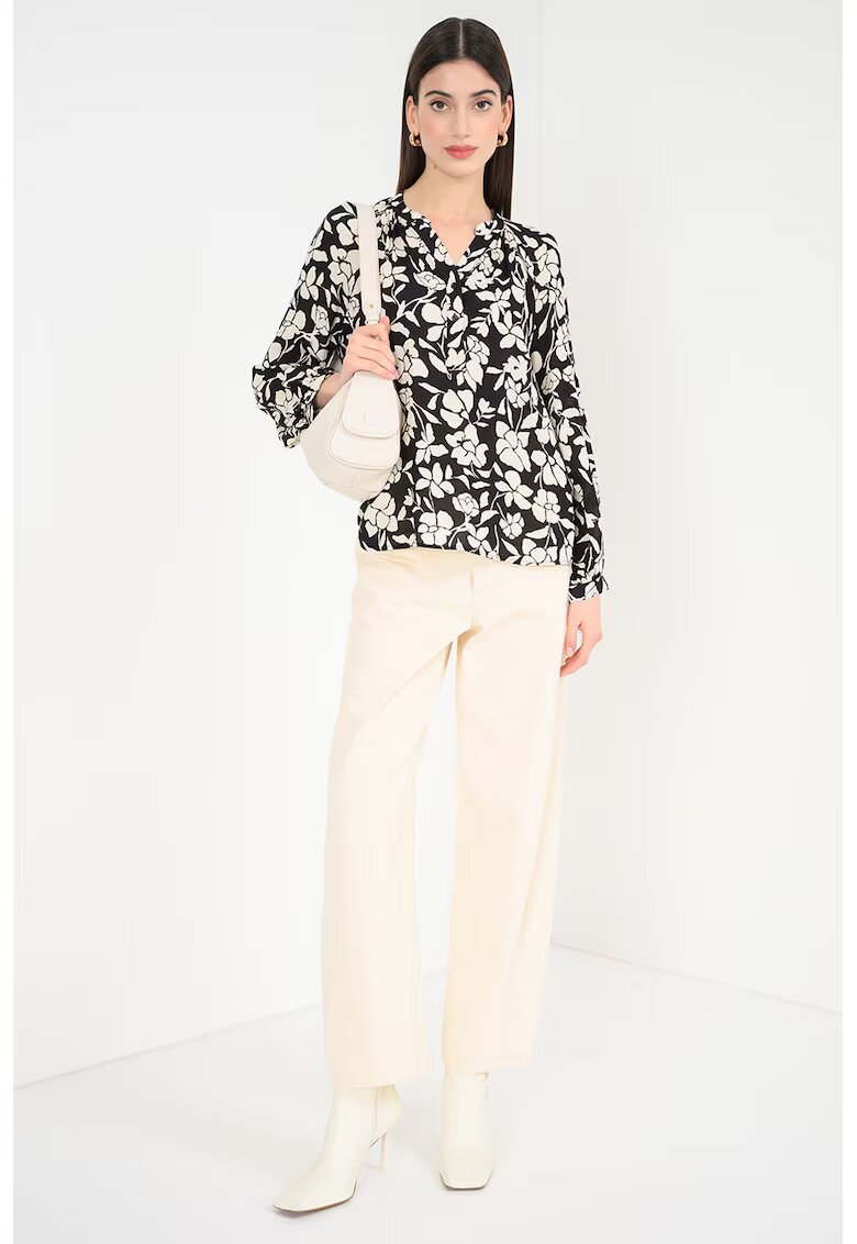 United Colors Of Benetton Bluza cu model floral si decolteu in V - Alb fildes/Negru